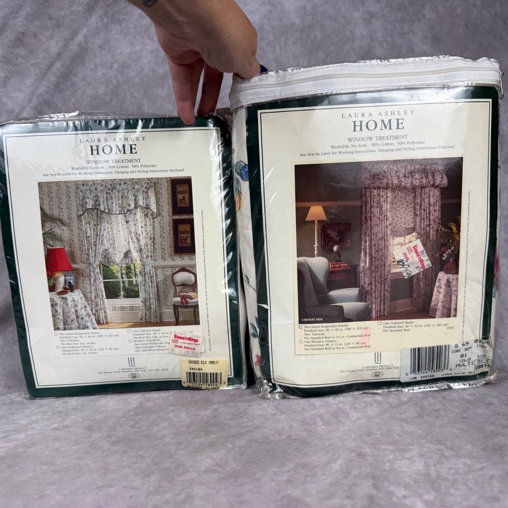 Laura Ashley Chinese Silk Floral Curtains 2 Panels 82"x84" & Blouson Valance Set